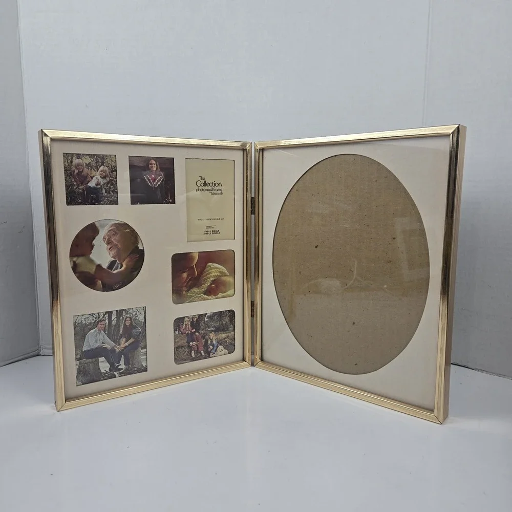 Vtg 80s Gold Tone Hinged Bi-fold Metal Photo Frame Collage & Oval Matte 11x9 USA